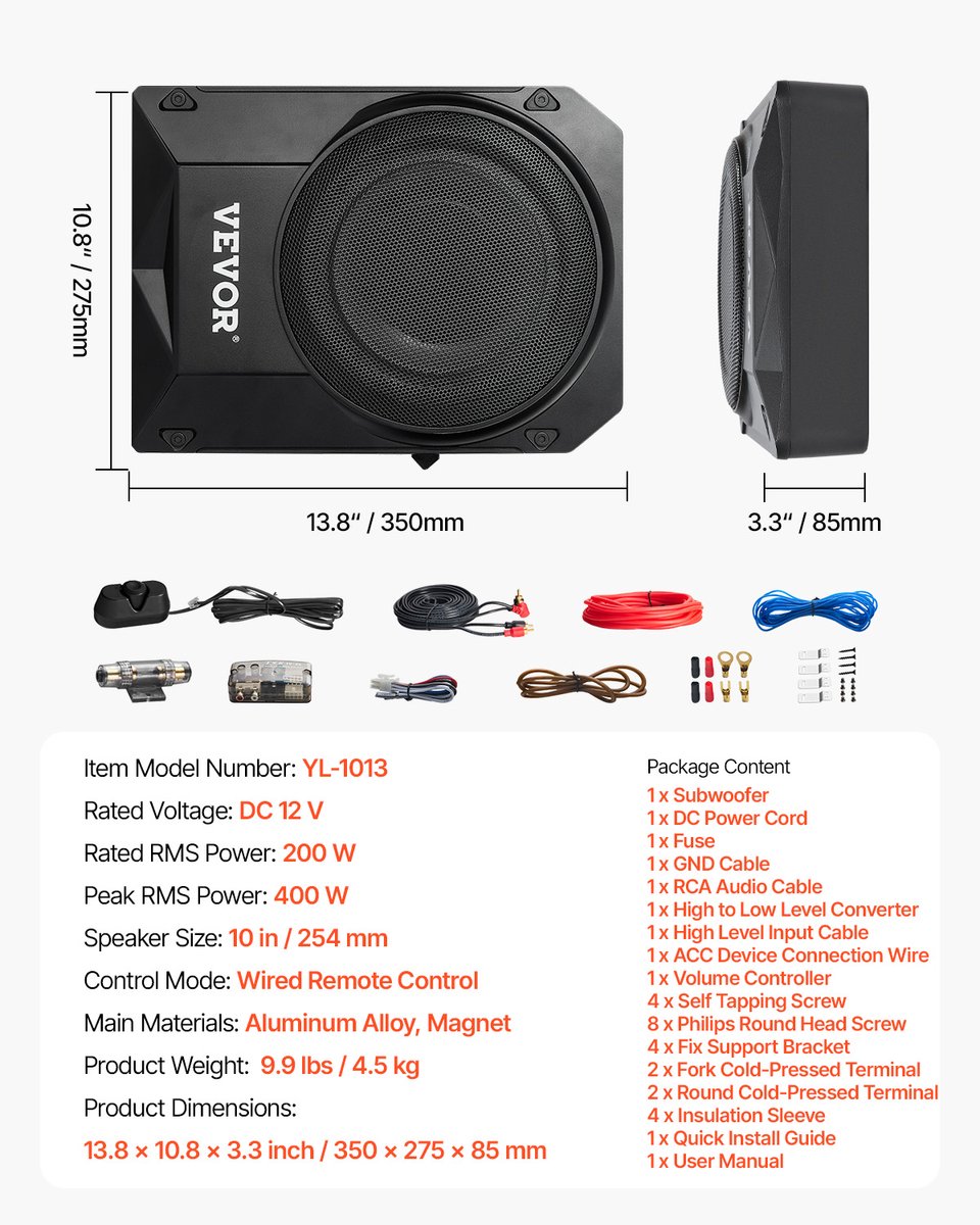 VEVOR Auto-Subwoofer Onder de Stoel 400 W Slank Actief Subwoofersysteem 254mm – foto 7