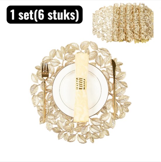 1 lot (6 pièces) - Set de table - Napperons de verre - Set de table rond en PVC - Dessous de verre - Motif feuille découpé avec Goud/ Argent - Dessous de verre imperméable et antidérapant - Or