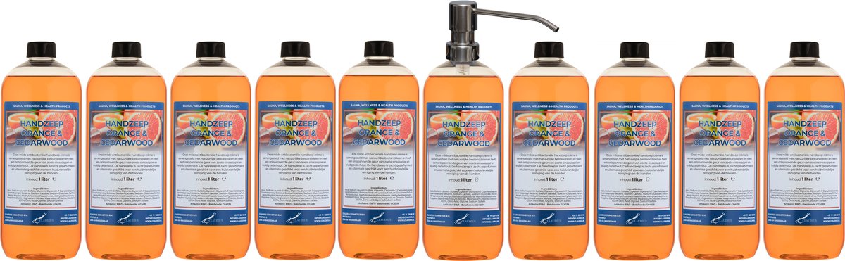 Handzeep Sweet Orange & Cedarwood 1 liter - set van 10 stuks - met gratis RVS zilverkleurige pomp - Voordeelverpakking