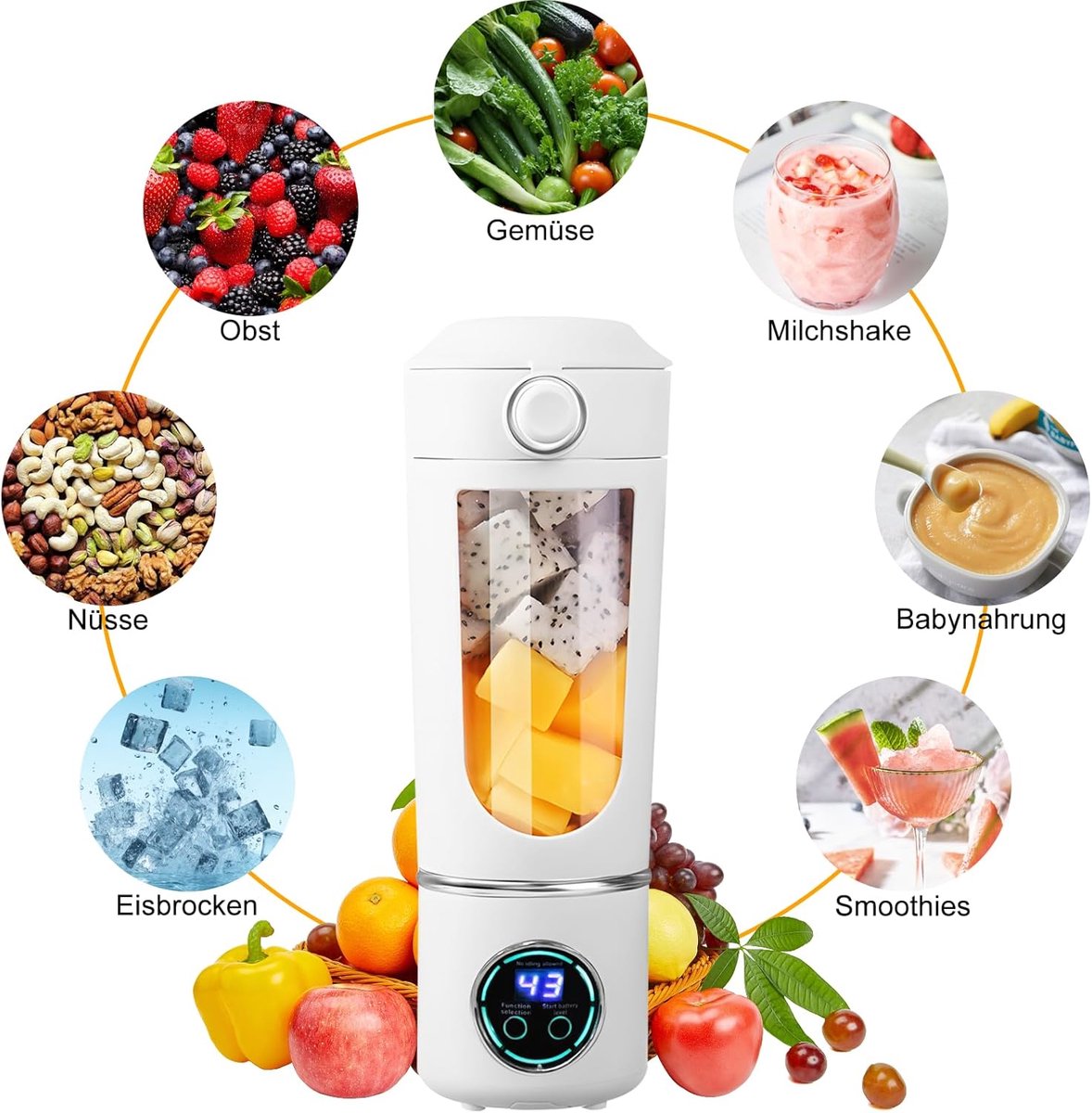 Draagbare mixer, mini-blender, kleine sapcentrifuge, smoothie-maker met siliconen rietje, 12 roestvrijstalen messen en digitaal display, oplaadbare type C shake-mixer met 700 ml inhoud, wit