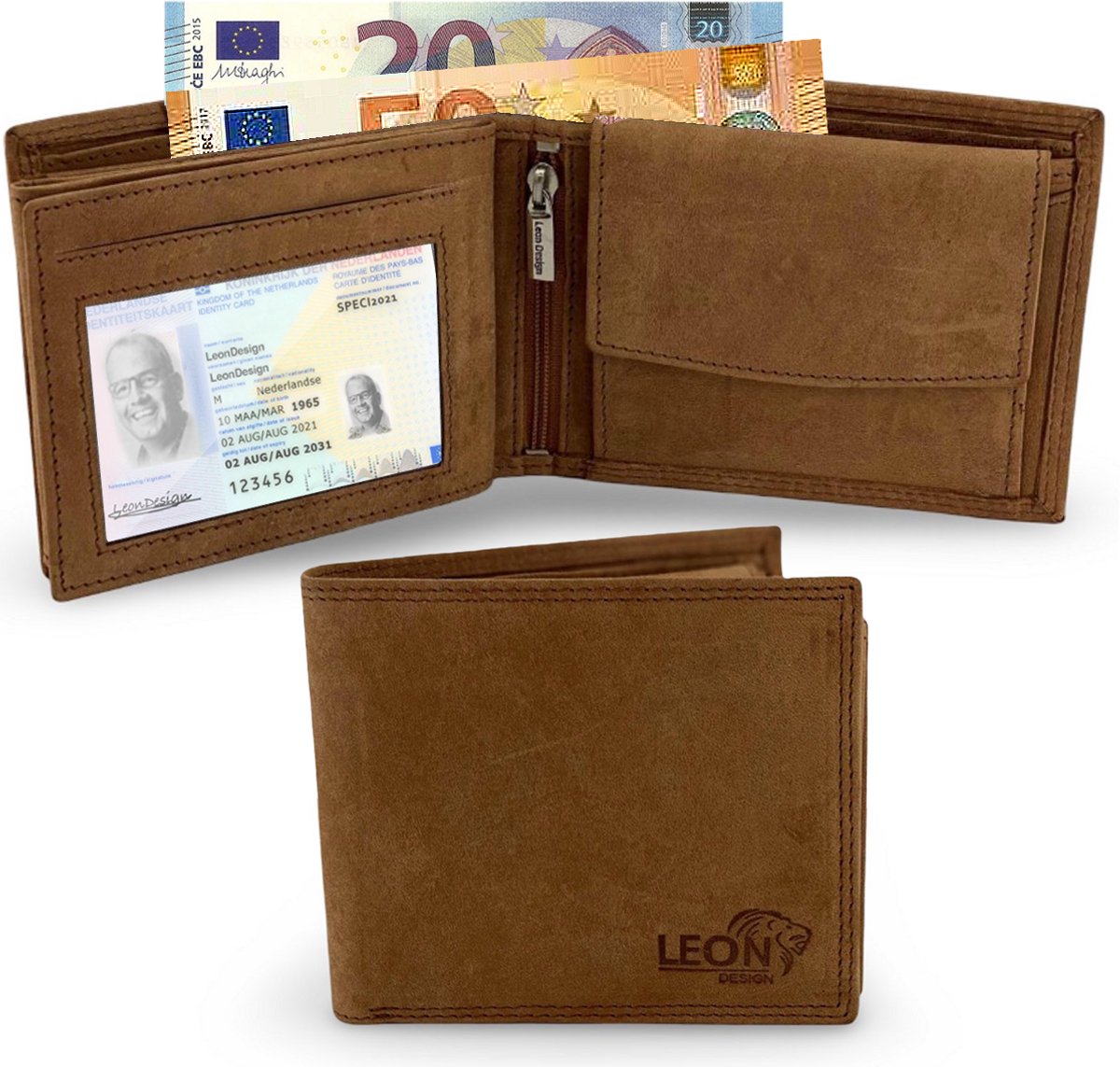 LeonDesign - Portemonnee Heren - Billfold - Lichtbruin - Hunter Leer