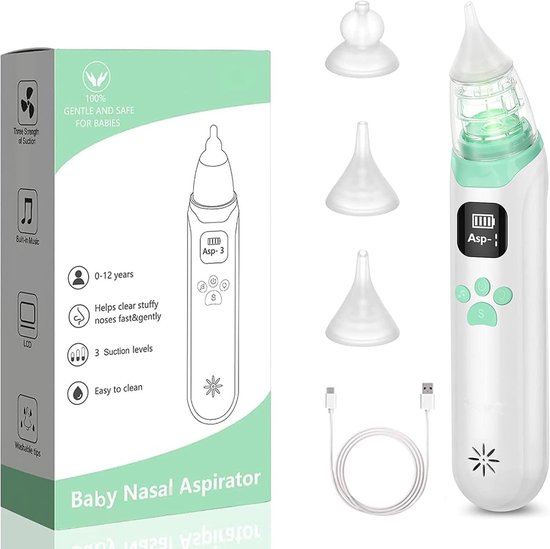 Baby neusreiniger met 3 zuigtips, USB-kabel en verpakking met informatie "Gentle and Safe for Babies".