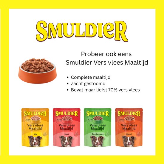 Smuldier vers vlees maaltijd, diverse smaken. Inclusief bakje hondenvoer en vier zakjes.