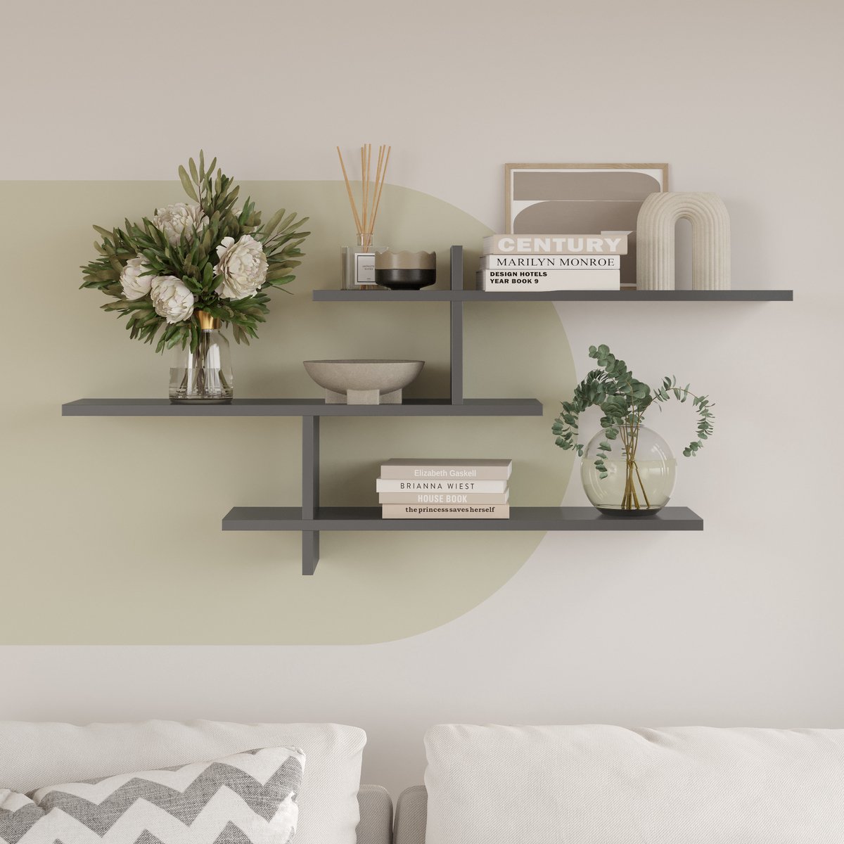 LUNOR® Genoa – Wandrek – Antraciet – 123×55×22 cm – Wandplank – Boekenplank & Organizer – Met 3 Niveaus