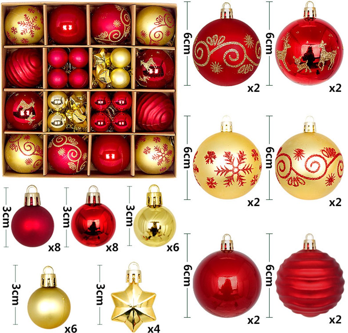 Zandarix Deluxe Kerstballen Ornamenten Set (44 Stuks) – Mix van 3–6 cm PVC in Luxe Geschenkdoos - Rood/Goud