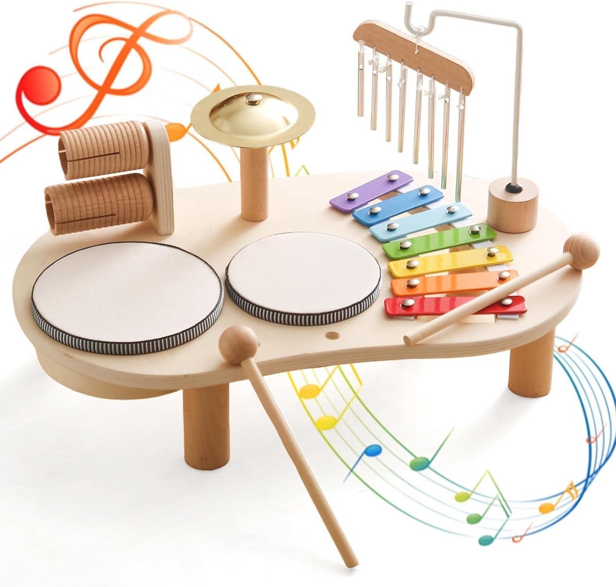 Provento - Muziekinstrumenten voor kinderen vanaf 1 jaar, drumset, Montessori educatief speelgoed, xylofoon, 7-in-1, muziekspeelgoed.