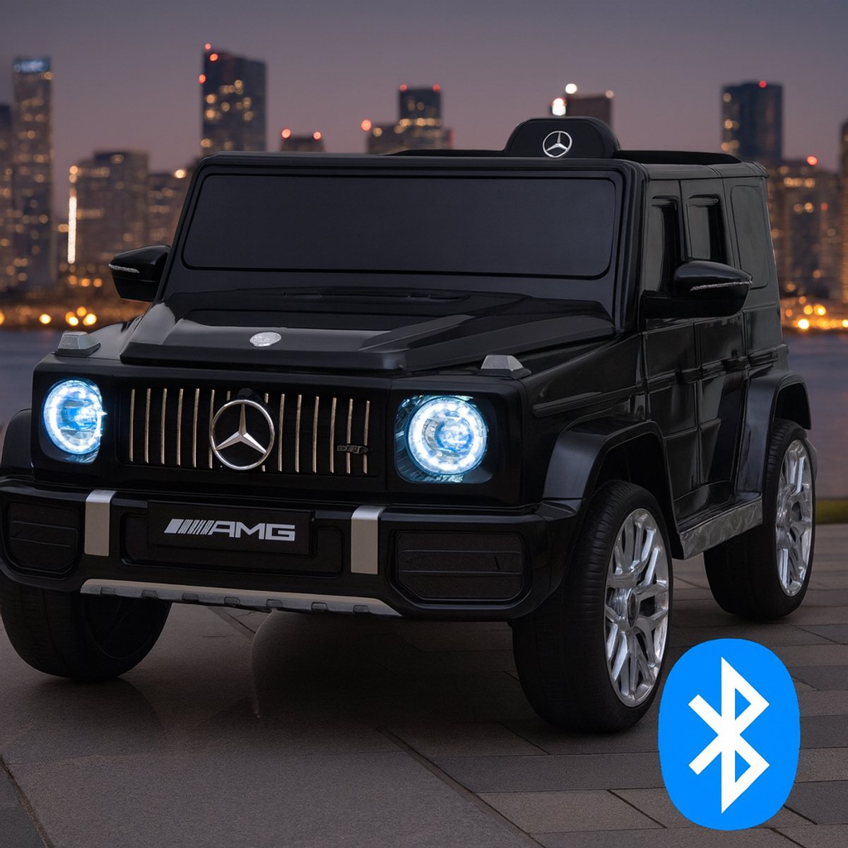 Mercedes-Benz G63 AMG Kinderauto 12V 7A – 2×30W – Bluetooth RC – Leren Zitje – EVA Rubberbanden – MP3/Bluetooth & MP3-/USB-muziekmodule – Zwart