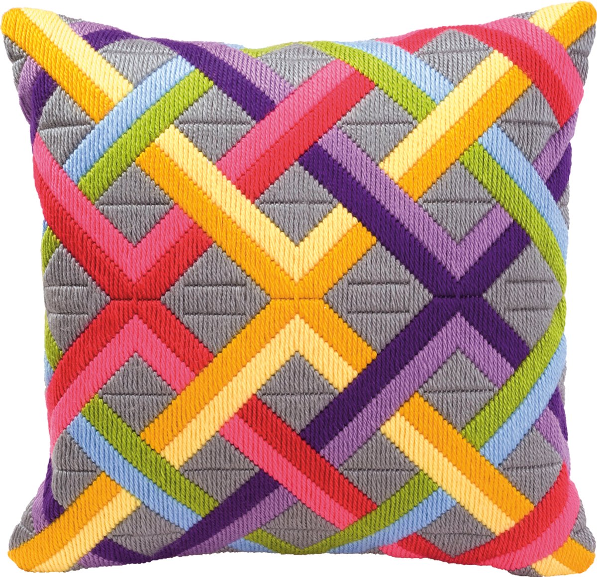Vervaco - Spansteekkussen kit - Kleurrijke diagonalen op grijs - PN-0010865 - Borduren - Borduurpakket - Borduurpakket volwassenen - Borduurpakket kind