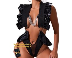 Sexy Lingerieset Dames – Erotische Lingerie – Cut-Out Wetlook Bodysuit met Ketting – Clubwear voor Wasteland, B.I.T.C.H. en Fetish Events – Zwarte Cut-Out Teddy – Open Design met Ruches – Dare to Undress – Liquid Vixen – One Size – Maat S, M, L, XL