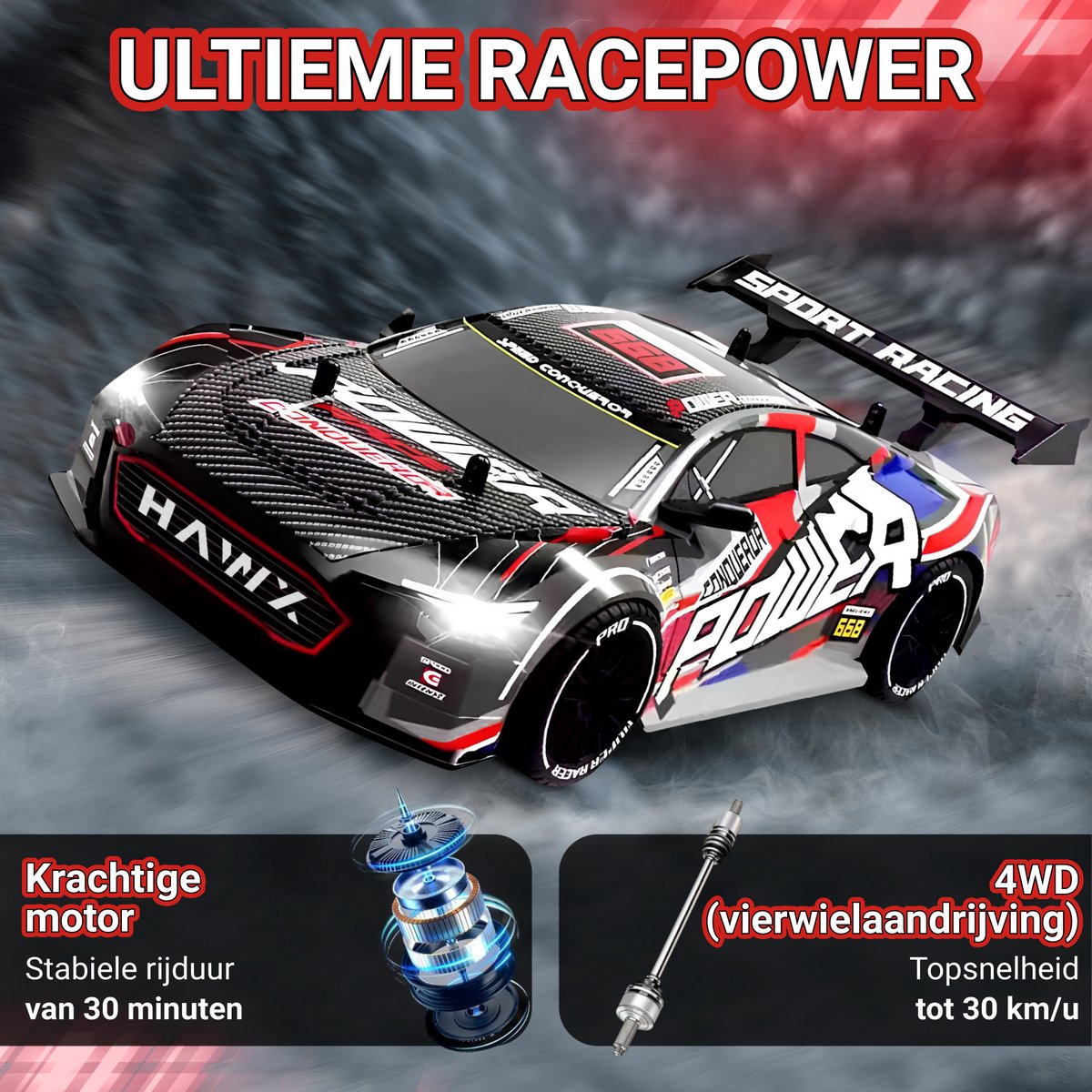 HAWX Bestuurbare Auto - RC Auto - Race Auto - RC Drift Car - Afstandsbestuurbare Auto - Volwassenen en Jongens - Voor Buiten en Binnen - Incl. 3 Batterijen, 8 Verkeerskegels — afbeelding 3