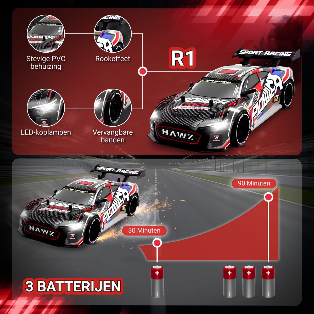 HAWX Bestuurbare Auto - RC Auto - Race Auto - RC Drift Car - Afstandsbestuurbare Auto - Volwassenen en Jongens - Voor Buiten en Binnen - Incl. 3 Batterijen, 8 Verkeerskegels — afbeelding 2