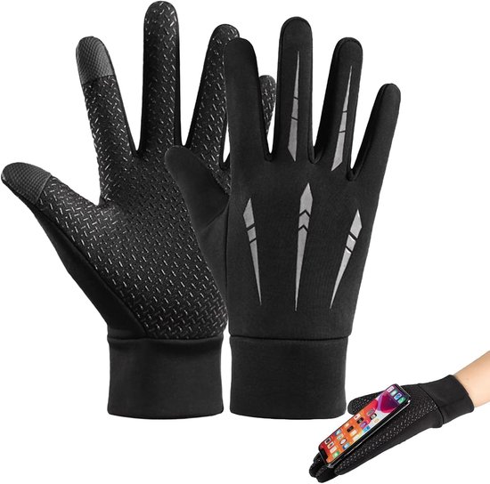 Zwarte handschoenen met diamanten grip op de handpalm en reflecterende strepen op de rug. Toont touchscreen functionaliteit.