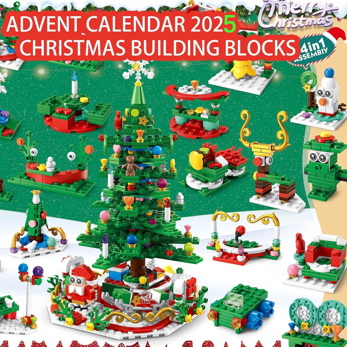 Adventskalender 2025 Kerstboomblokken Speelgoedset met Warm Licht, 24-daagse aftelkalenderblokken voor kerstbomen, 24-in-1 vakantie-adventskalenderblokken, kerstcadeau voor kinderen en volwassenen.