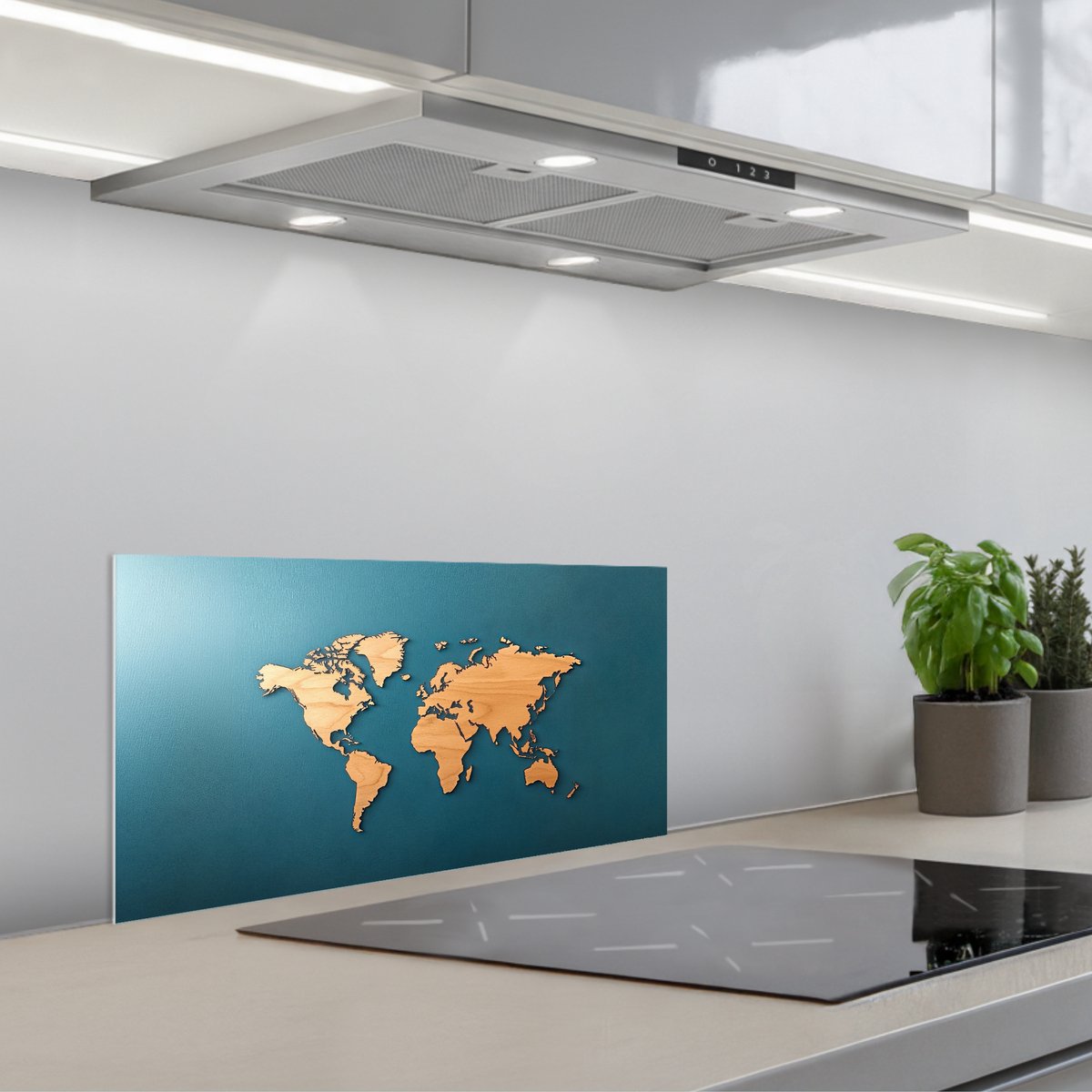 Spatscherm 70x30 cm - Zelfklevende achterwand Hout - Blauw - Wereldkaart - Keuken muurbeschermer - Spatwand fornuis