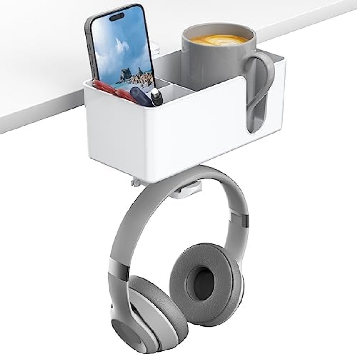 Bureau bekerhouder – Headset houder – 4-in-1 bureau organizer – Roterende koptelefoon standaard – Bekerhouder voor bureau – Penhouder en telefoonhouder – Klembevestiging zonder boren – Ruimtebesparende bureau opberger voor kantoor en gaming setup