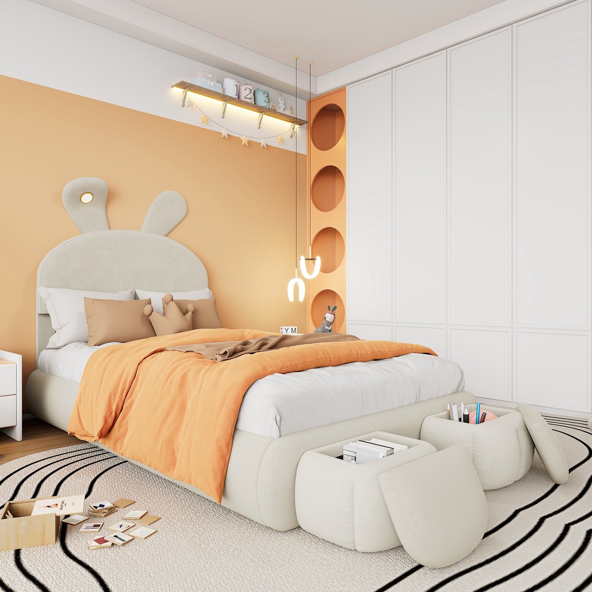 Wishdor Gestoffeerd Kinderbed - Konijnenoren met LED - Inclusief 2 Opbergpoefs - Zacht Beige Fluweel - 90x200 cm Lichtbruin