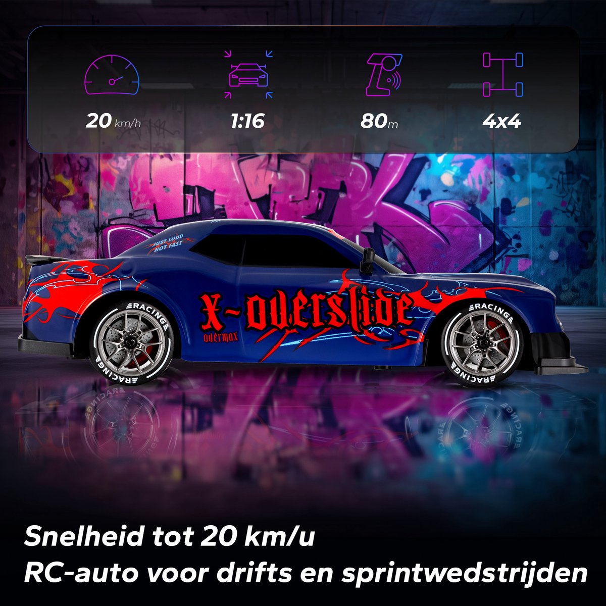 Overmax X-Overslide – Bestuurbare Auto 2in1: DRIFT & Race – 20 km/h – 2 Snelheidsstanden – 2 Batterijen – 40min Speeltijd – 2 Carrosserieën – 2 Wielensets – LED Onderverlichting – Obstakelset – Gecodeerde Besturing – RC Auto — afbeelding 6