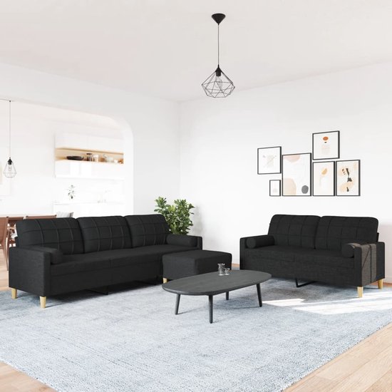 vidaXL - 3 pièces - Ensemble de salon - avec - repose-pieds - et - coussins - tissu - noir