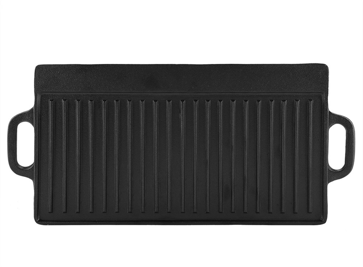 Bakplaat - Bakplaat gietijzer - Anti-aanbak Gietijzer Grillpan - 50.5x23.5x1.4cm - Dubbelzijdig Geribbeld en Glad