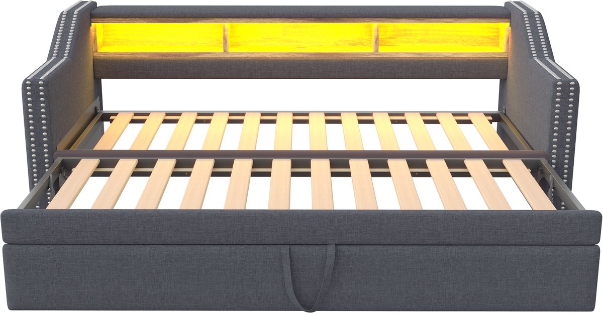 MODFU Uitklapbaar Polsterbed Slaapbank 90/180x190 Donkergrijs, LED, USB en opbergruimte