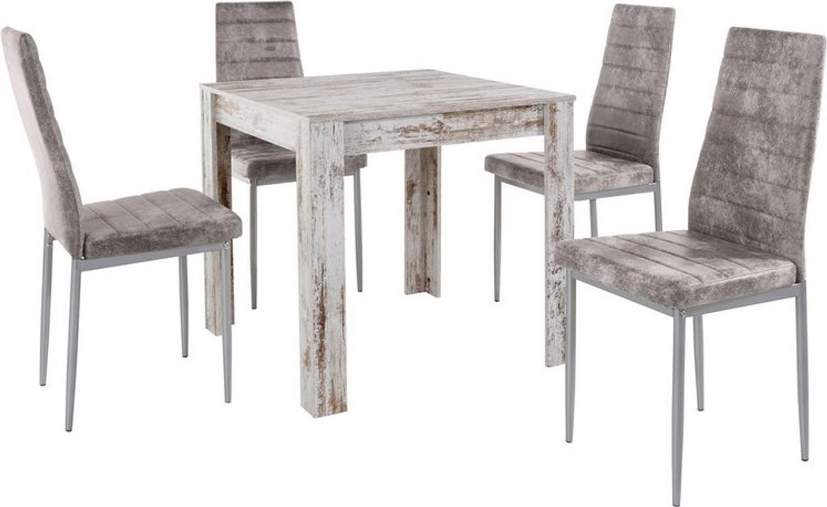 Notio Living Set eettafel 80 cm en 4 stoelen in grijze microvezel Gris