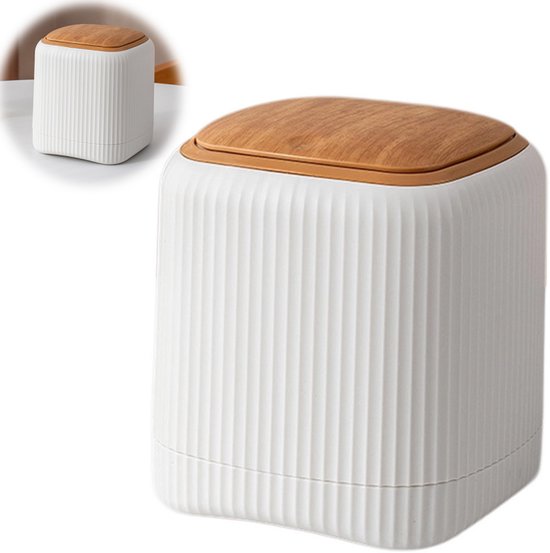 Prullenbak - Prullenbak avec couvercle - Doubles bacs intérieurs et extérieurs - Mini - Conception Push-to-open - Convient pour la cuisine, le bureau et la salle de bains - Couvercle aspect bois - blanc
