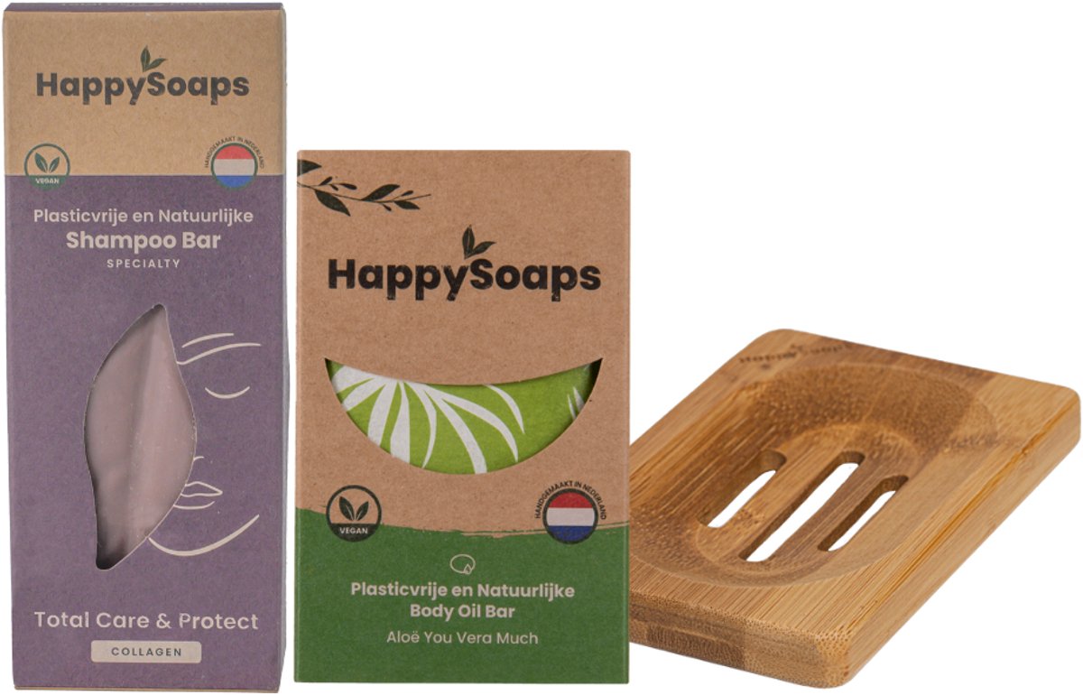 HappySoaps - Premium Happiness Starterspakket - Professional Shampoo Bar, Body Oil Bar & Zeephouder van Bamboe - Plasticvrij & vegan