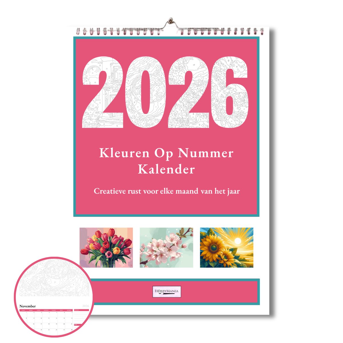HobbyMania Kleuren Op Nummer voor Volwassenen - Kalender 2026 - Geschikt voor Alcohol Markers, Twinmarkers en Acrylstiften - Schilderen Op Nummer Volwassenen - DIY - A4
