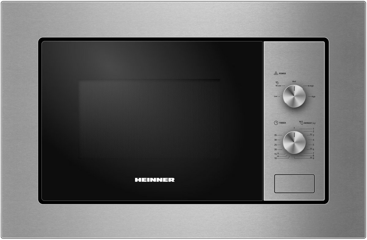Heinner Inbouw Magnetron – 20 L – 800 W – 5 Vermogensniveaus – Ontdooifunctie – Mechanische Bediening – 35 Min Maximale Kooktijd – Zwart/Zilver