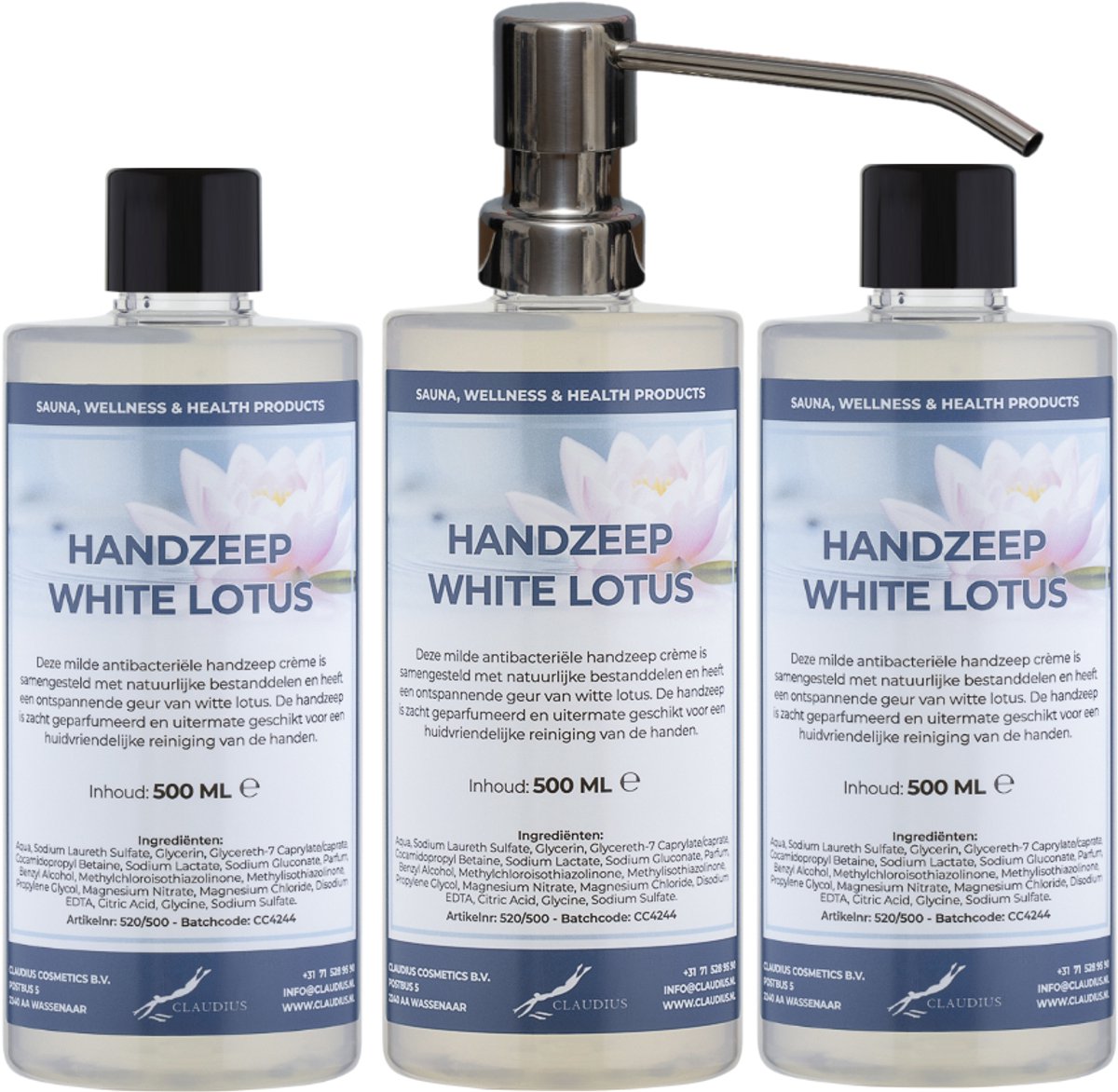 Handzeep White Lotus 500 ml - set van 3 stuks - met gratis RVS zilverkleurige pomp - Voordeelverpakking