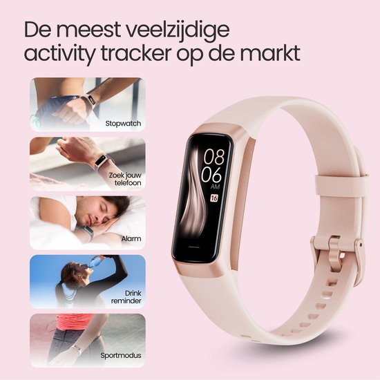 Dames activity tracker, polsband is lichtroze met een rosé gouden rand. Scherm toont 08:06.