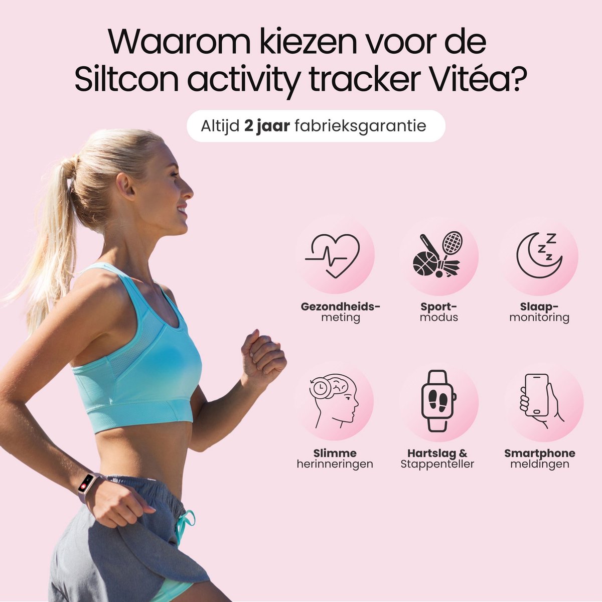 Siltcon® Vitéa Activity Tracker – Stappenteller Horloge - Hartslagmeter – Bloeddrukmeter - Slaapmonitor - Saturatiemeter – Sporthorloge – Smartwatch Dames, Heren & Kinderen - Geschikt voor iOS/Android - RVS - Elke pols - Incl. 2 Bandjes thumbnail 2