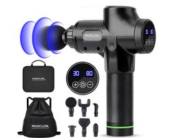 Musclon Pro Massagegun Professioneel – Gratis Premium Rugzak – Massageapparaat – Massage Pistool – Zwart – Draadloos & Stil – 30 Snelheden – 6 Koppen