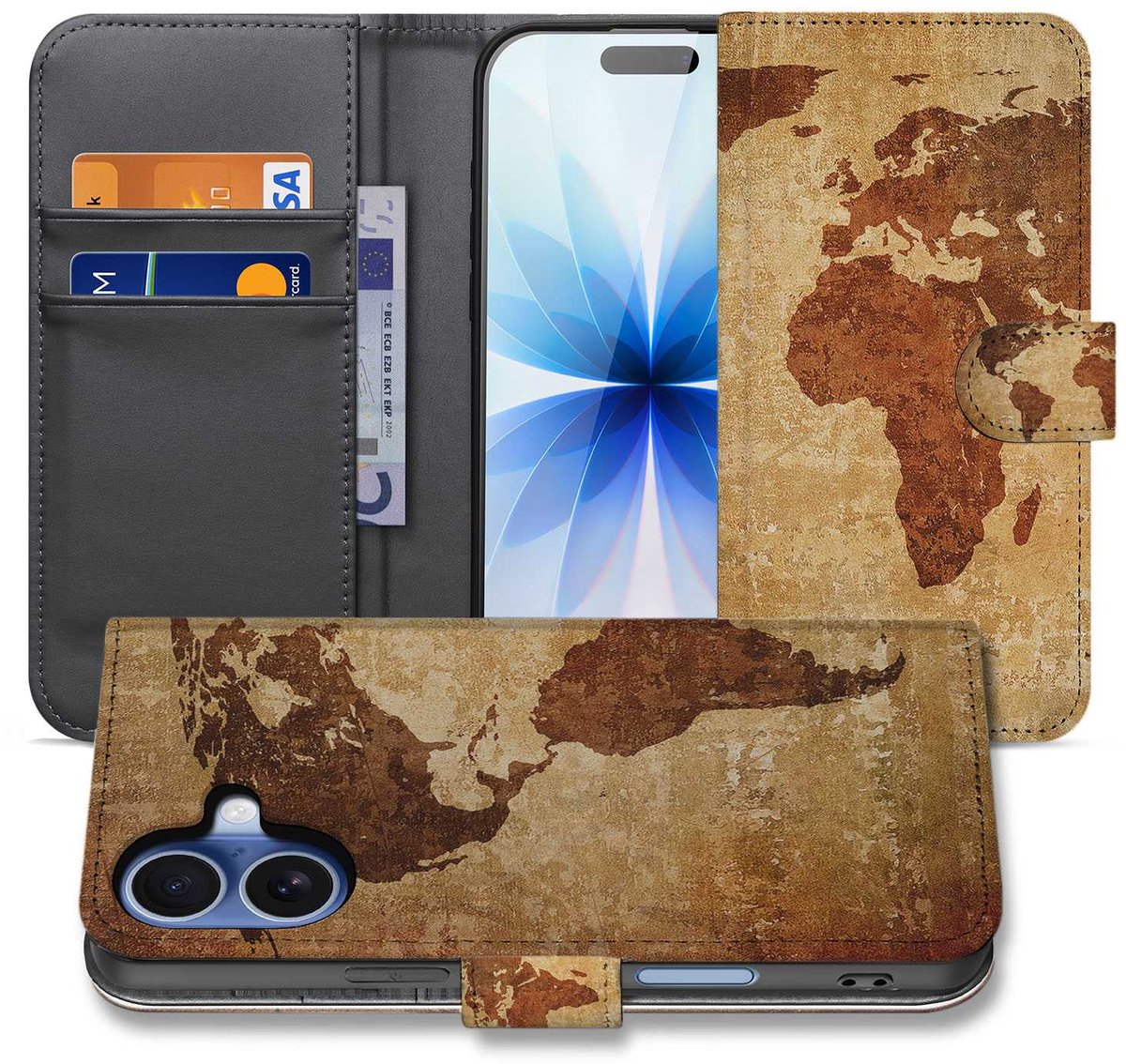 Book Case iPhone 17 Wereldkaart Met Pasjes