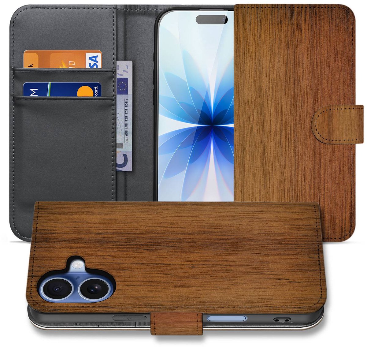 Apple iPhone 17 Book Case Donker Hout Met Pasjeshouder