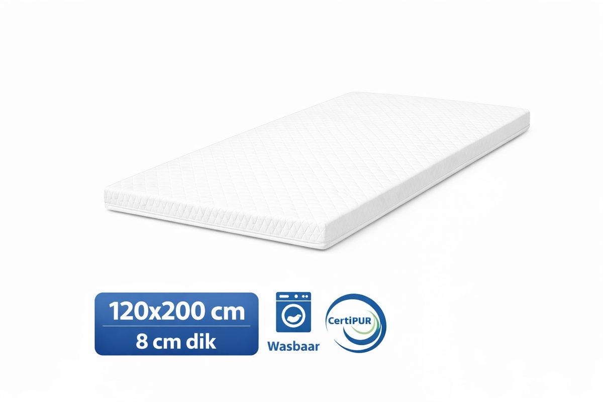 Kikishop Topdekmatras 120x200 – 8 cm HR Koudschuim – Afritsbaar & Wasbaar – CertiPUR® Gecertificeerd – Medium Hardheid – Comfort Matrastopper