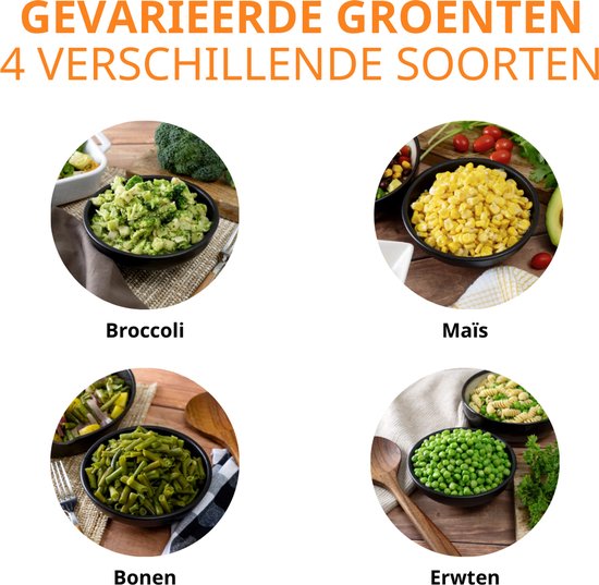 Vier kommen met verschillende groenten: broccoli, mais, bonen en erwten.