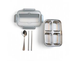 Dutchers® Lunchbox Roestvrij Staal - Incl. Bestekset – BPA-vrij – Met Deksel, Bestekvak & Telefoonhouder - Bento Box – Blauwe RVS Broodtrommel voor Kinderen & Volwassenen – - Mealprep - Duurzame Lunchdoos voor School & Werk - Blauw