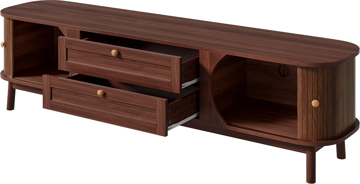 Modern tv-meubel in houtlook met lades en opbergvakken, afgeronde hoeken, stevige houten p
