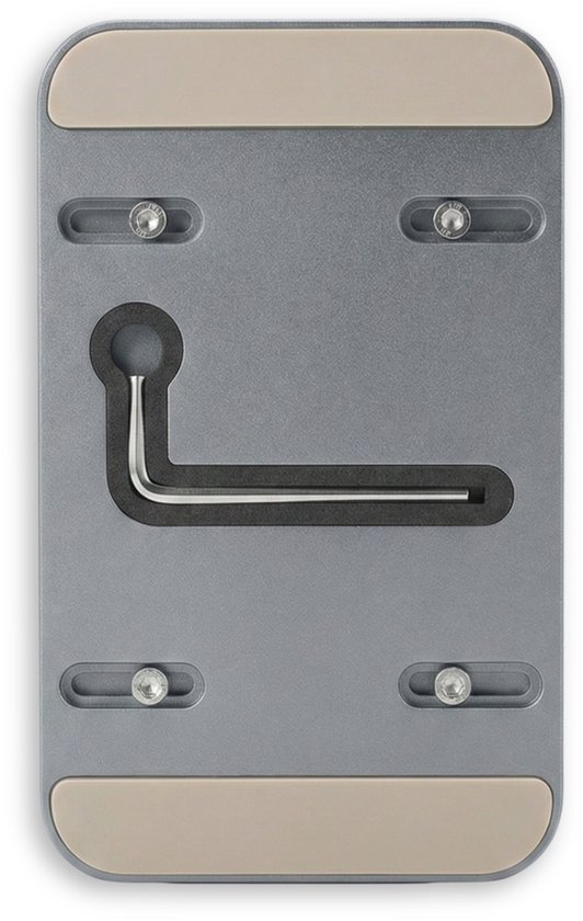 Onderkant van grijze laptopstandaard met schroeven en beige antislipvoetjes.