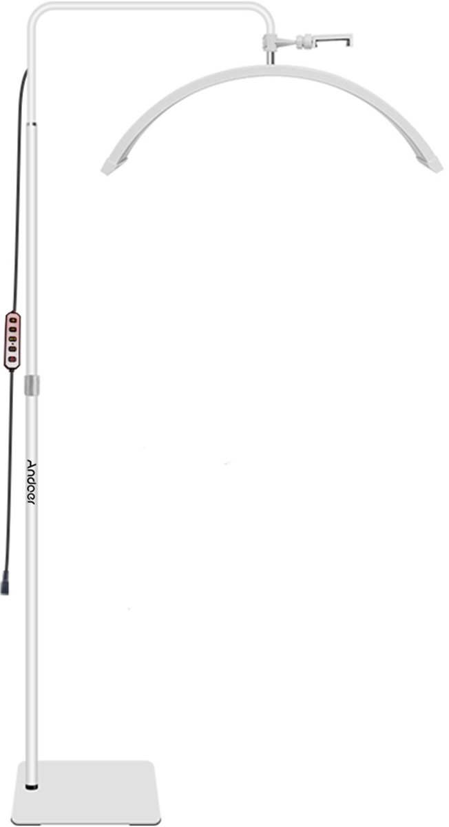 36W Halve-maan LED Vloerlamp – Dimbaar 3200K-5600K – Met 186 cm Statief, Telefoonhouder & Afstandsbediening – Geschikt voor Beauty Salon, Make-up, Live Streaming & Slaapkamerverlichting – Wit
