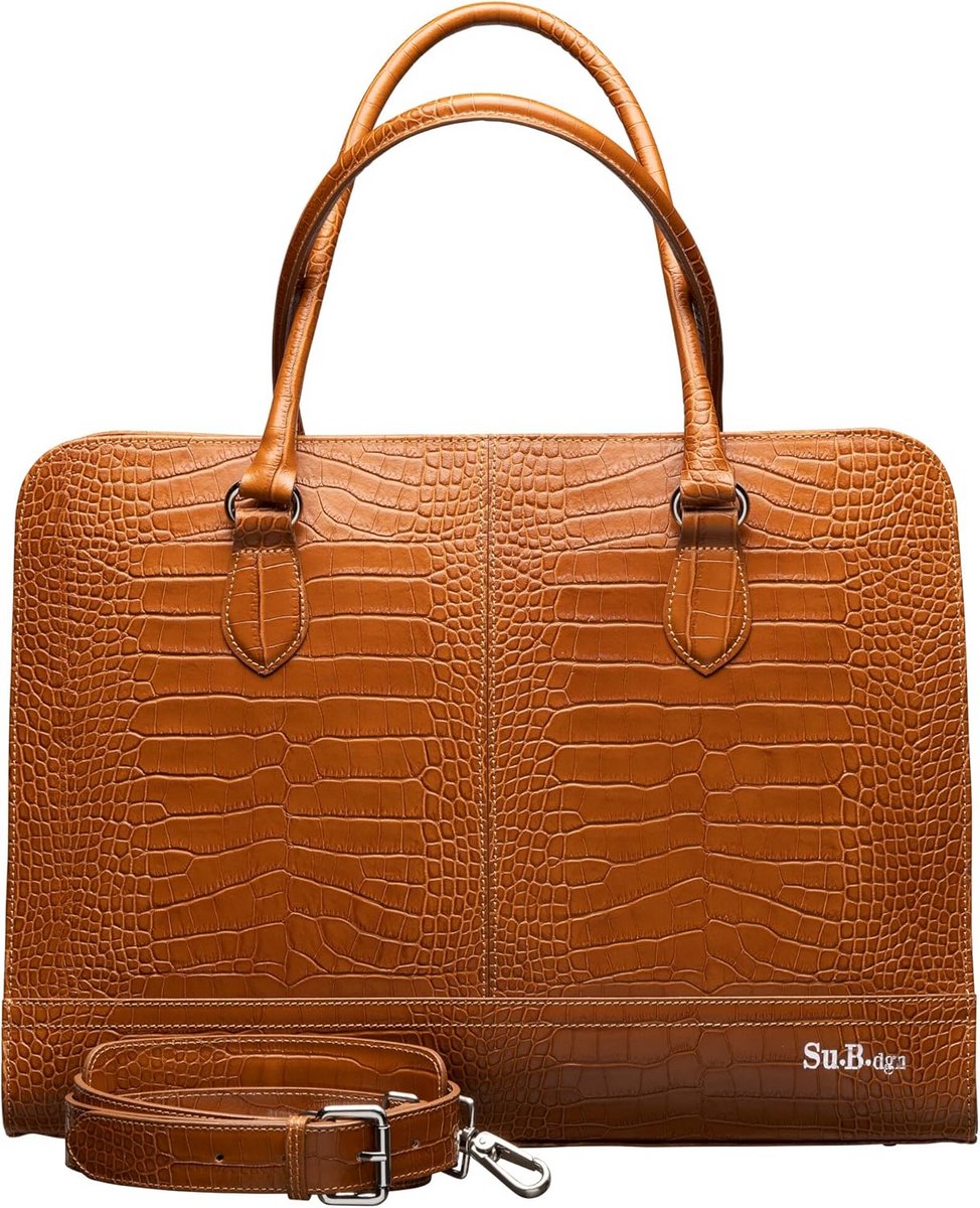 Dames Laptoptas 14 inch Kroko-print Leer - Schoudertas met Laptopvak en Trolleyband