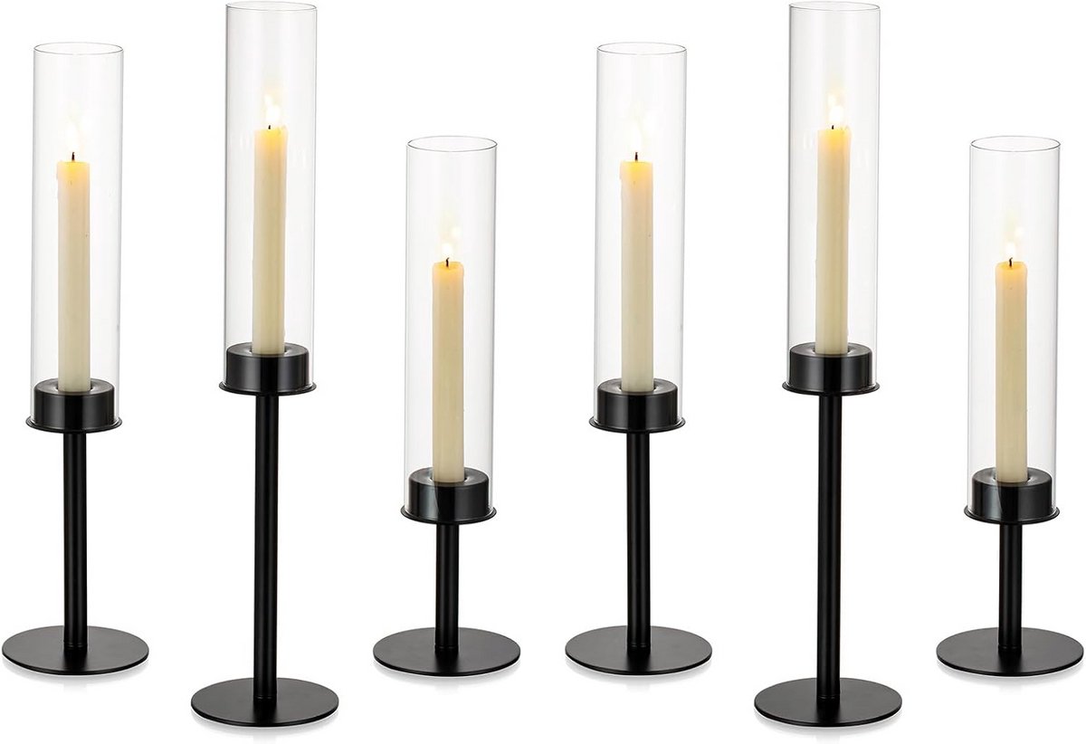 Cilindervormige Kandelaars Zwart Metaal en Glas Set van 6 voor Bruiloft en Diner Decoratie