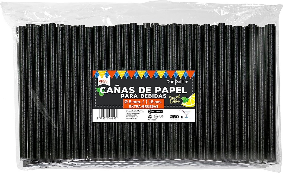 250 Zwarte Papieren Rietjes - Biologisch Afbreekbaar & Composteerbaar - 150x8mm