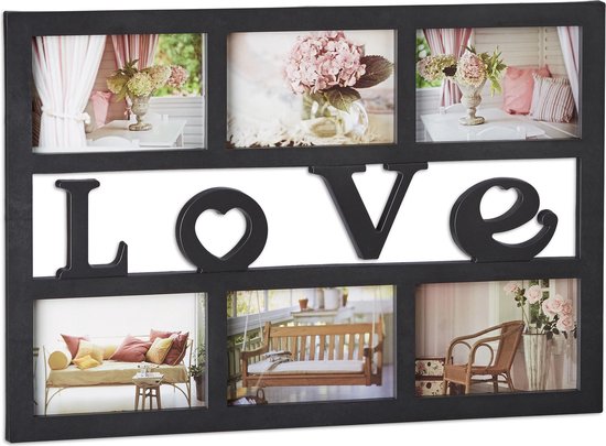 cadre photo relaxdays amour - cadre de galerie pour 6 photos - cadre de collage en plastique - amour noir