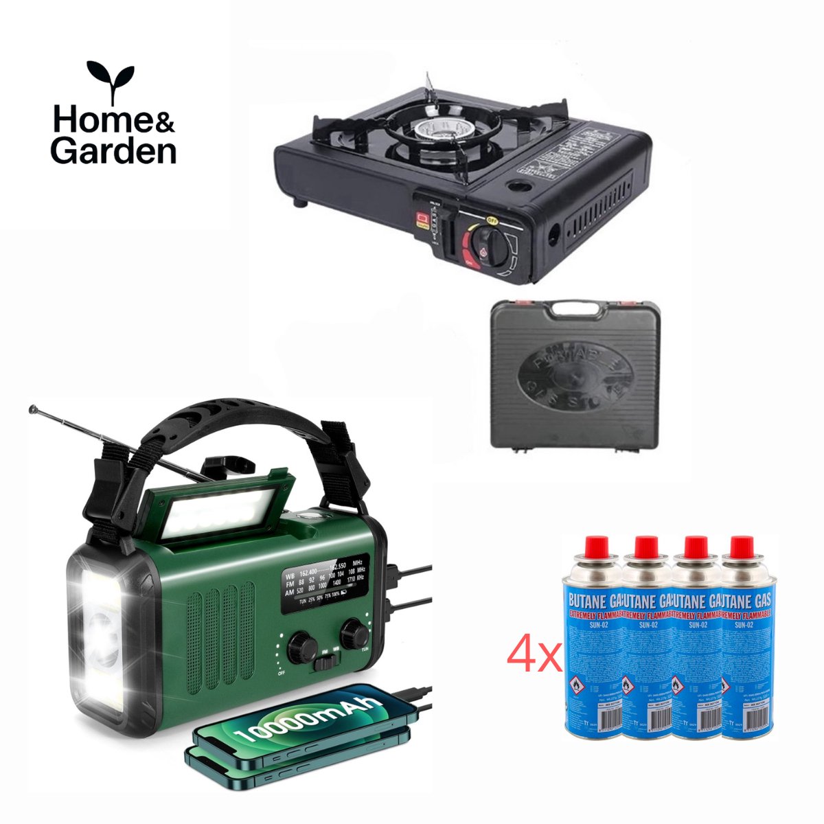 Home&Garden® - Noodradio - Solar Opwindbaar 10.000mAh -Draagbare Gasfornuis - MODEL 2025 - Solar powerbank Zonneenergie - Survival Noodpakket - Zaklamp Oplaadbaar - Noodpakket – Noodrantsoen - Groen