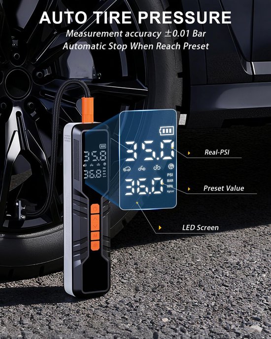 Elektrische Fietspomp - Draagbare bandenpomp - Draadloze bandenpomp - Krachtige en snelle inflatie - Met led verlichting - Realtime bandenspanning - Voor auto fiets motor en sportballen — afbeelding 3