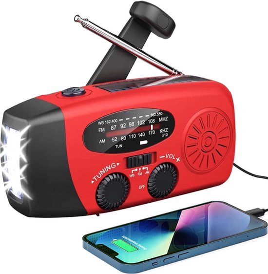 Draagbare noodradio - Powerbank 2000 mAh - Zaklamp - Solar opwindbaar - SOS alarm - USB-C kabel - Noodpakket - rood