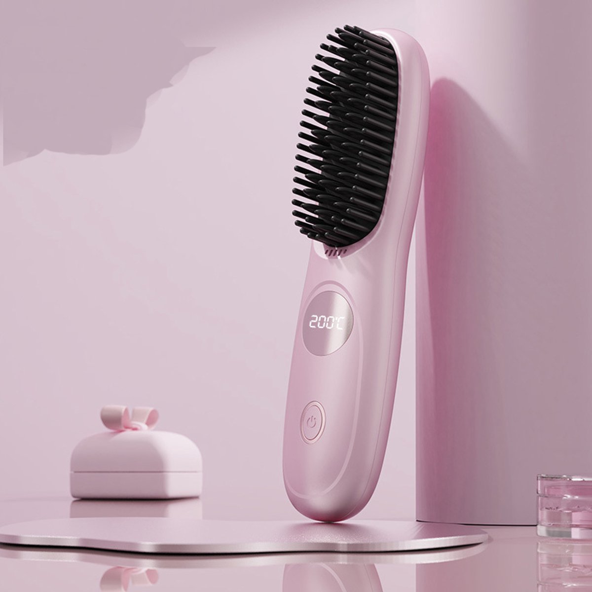 Draadloze rechte haarborstel, instelbare temperatuur, snel opwarmende draadloze mini haarborstel, met LCD-temperatuurweergave, draagbare USB-oplaadbare stijltang, geschikt voor reizen, roze