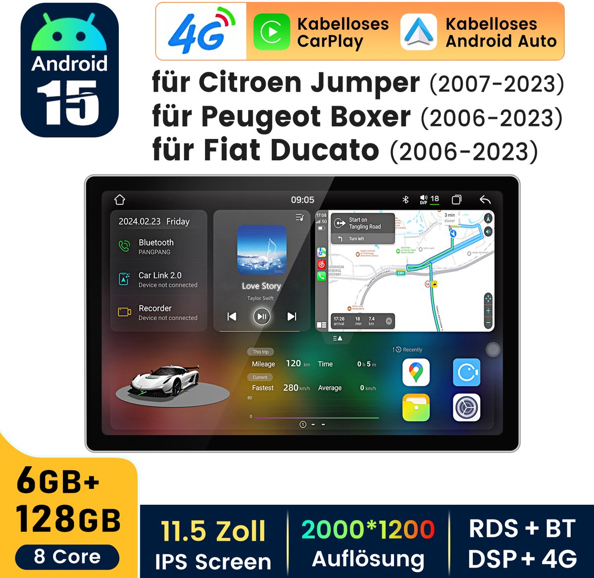 Hexinex 11.5" Octa-Core autoradio Geschikt voor Fiat Ducato Citroen Jumper Peugeot Boxer - Draadloos CarPlay, Android Auto, multimediaspeler, 6GB+128GB